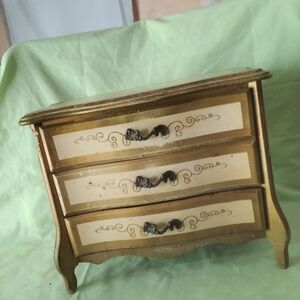 Vintage Gold and Cream Wooden Jewelry Box